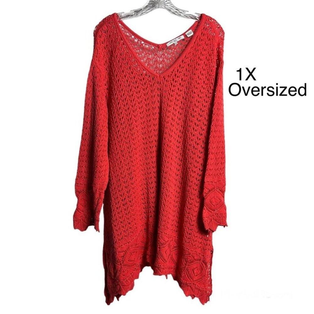 Eight Eight Eight Womens 1X Salmon Pink Crochet Long Sleeve Oversized Tunic